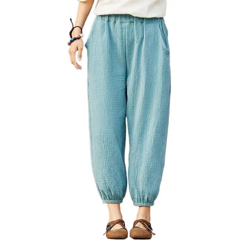 

Solid Casual Vintage Cotton Lantern Pants 2024 Spring Summer Women Elastic High Waist Loose Harem Trousers Pantalon Pour Femme