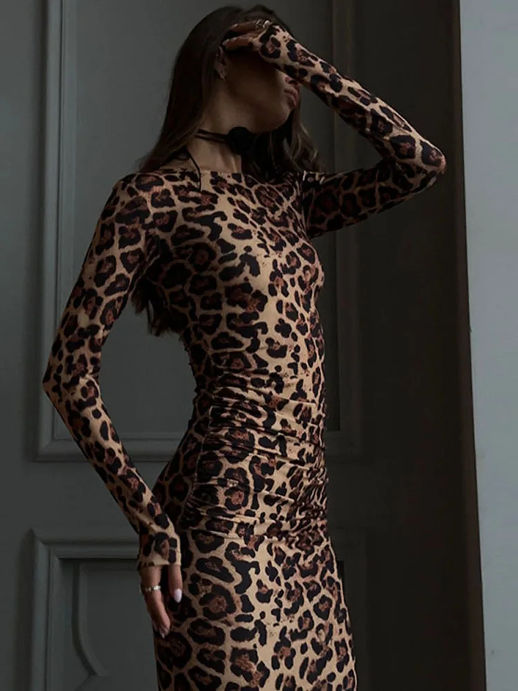 

Leopard Bodycon Sheath Sexy Club Women Dresses Long Sleeve O Neck Outfits Fashion Bodycon Slim Female Vestidos Robes