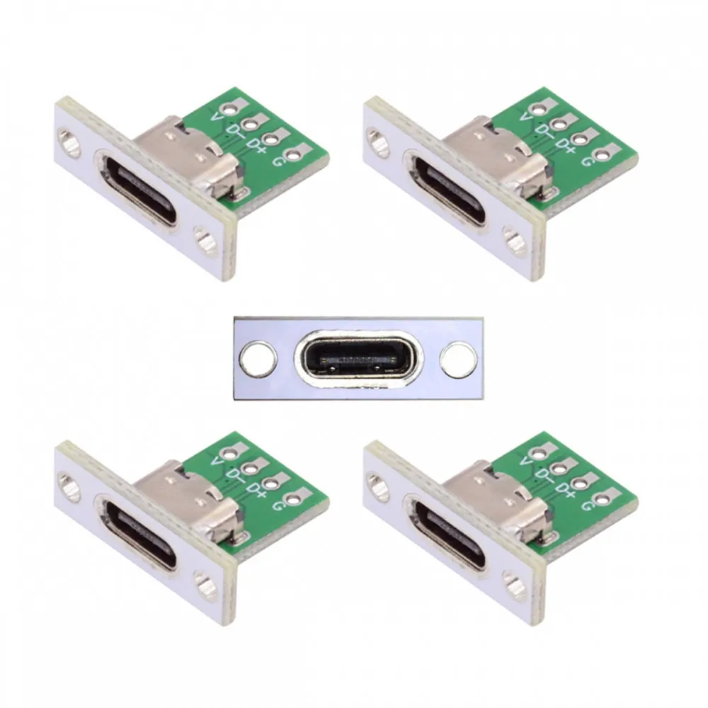 5Pcs USB Type C Socket 4 Pin With Fixing Plate Mount Type-C USB Jack Connector DIY Charging Port 4P Type C Female USB Connectors