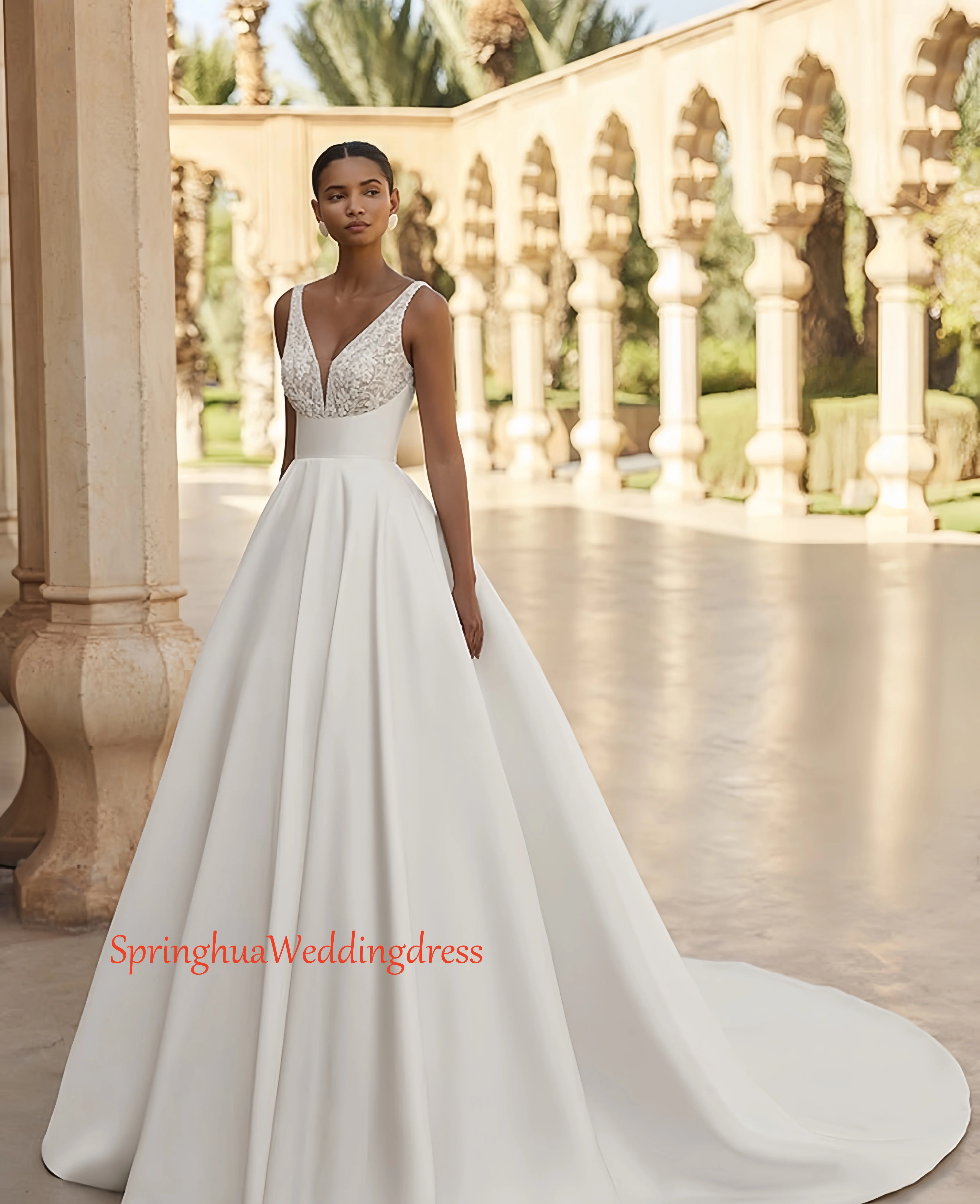 

customized ivory white beads Elegant Sweetheart Ball Gown Wedding Dress With applique satin Bridal Gowns