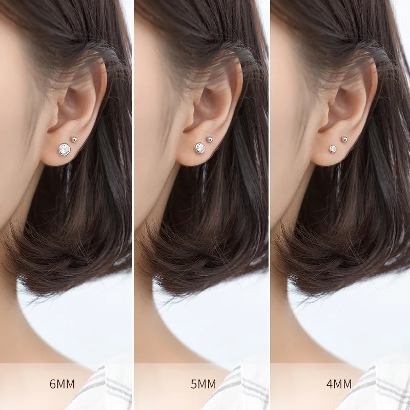 TrustDavis 925 Sterling Silver Tiny Dazzling Round CZ 4mm 5mm 6mm Stud Earring For Women Girls Kids Silver 925 Jewelry Gift DT55