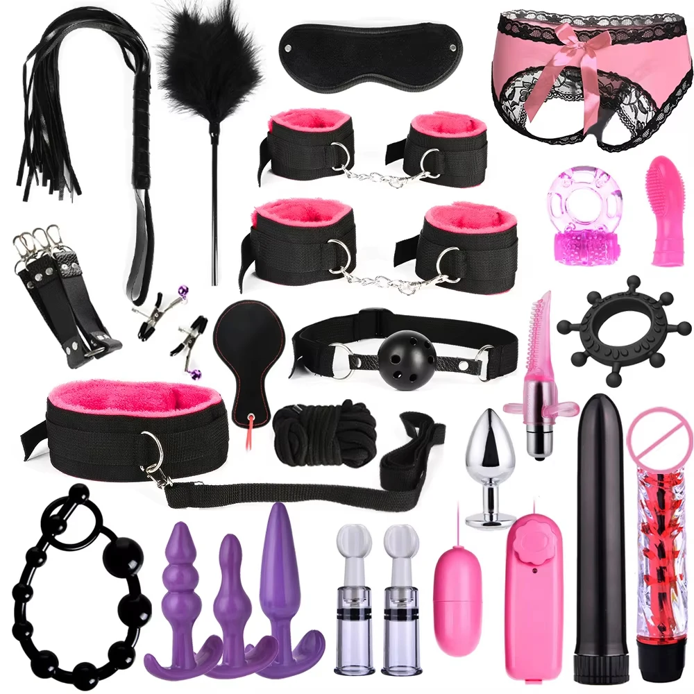 Sex Toy BDSM Kits Plush Sex Bondage Set Handcuffs Sex Games Whip Gag Nipple Clamps Sex Toys For Couples Exotic Accessories +18