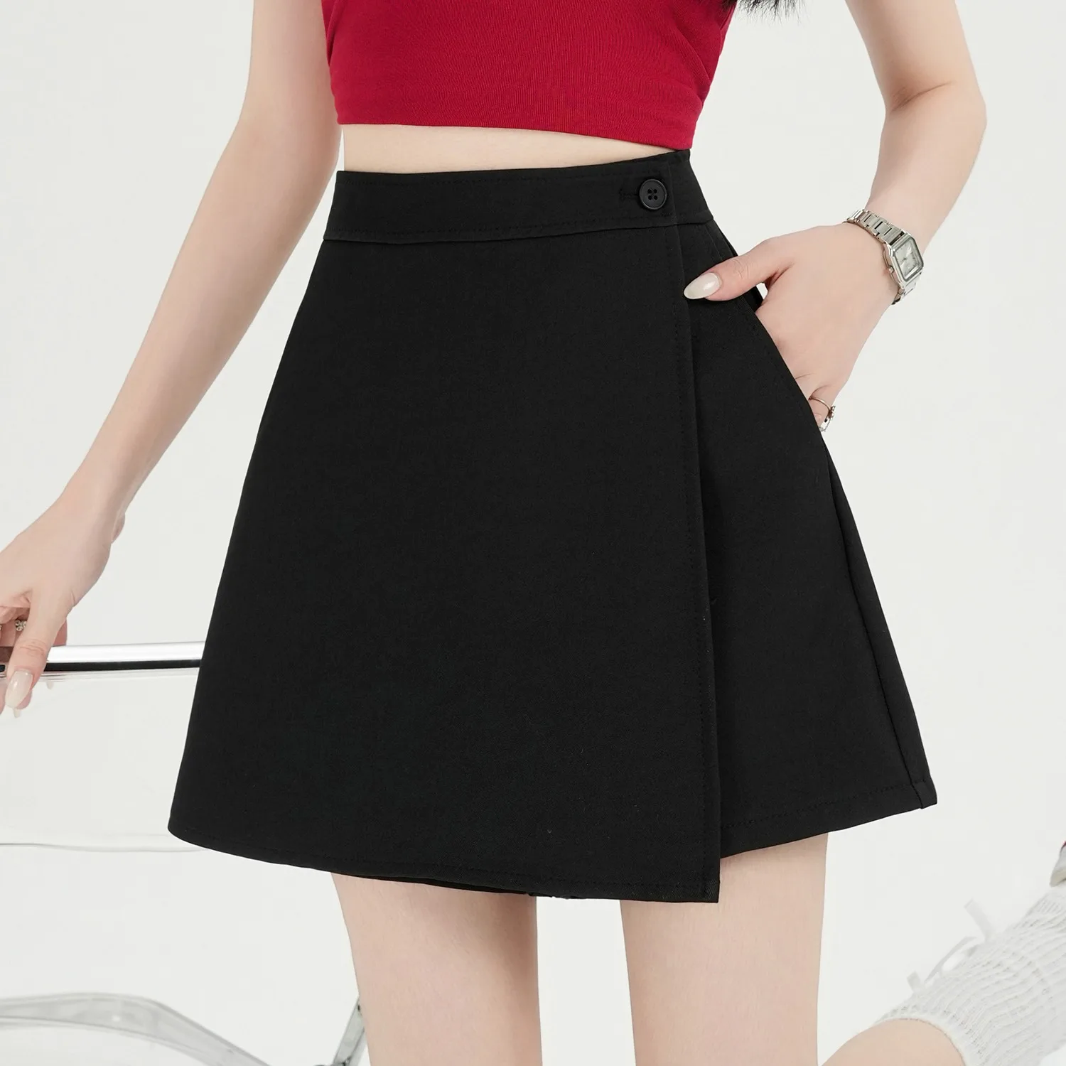 

Черная асимметричная юбка-шорты с завышенной талией в деловом стиле, женская повседневная летняя модная корейская версия, комплект из двух предметов, А-силуэт