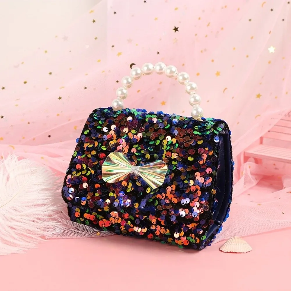Cute Sequin Princess Crossbody Bag Glitter Bowknot Girls Purse Pearl Handle Detachable Strap Handbag