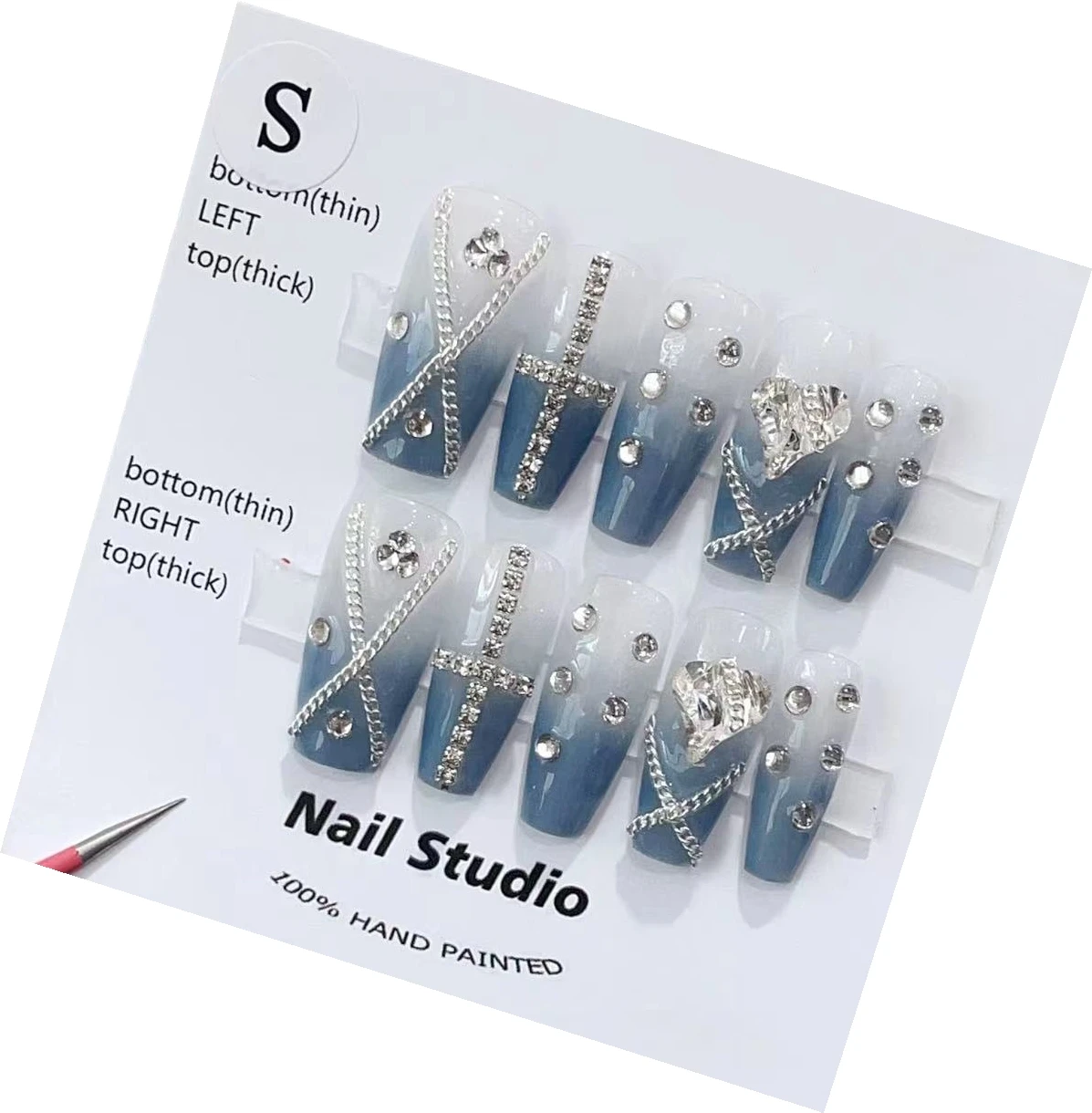 Handmade Light Blue Gradient Chain Long Square Press On Nails - Acrylic And Sparkly Art In Emmabeauty Store No.EM1946