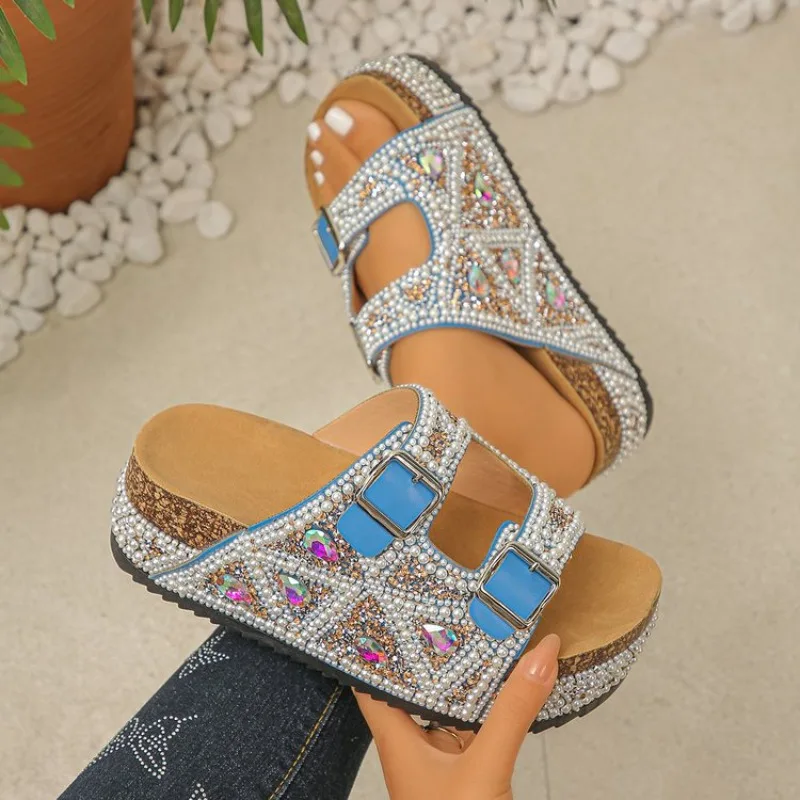 Summer New Women Slippers 2026 New Fashion Round Toe Thick Bottom Beach Female Shoes Luxury Double Buckle Water Diamond Sandals
