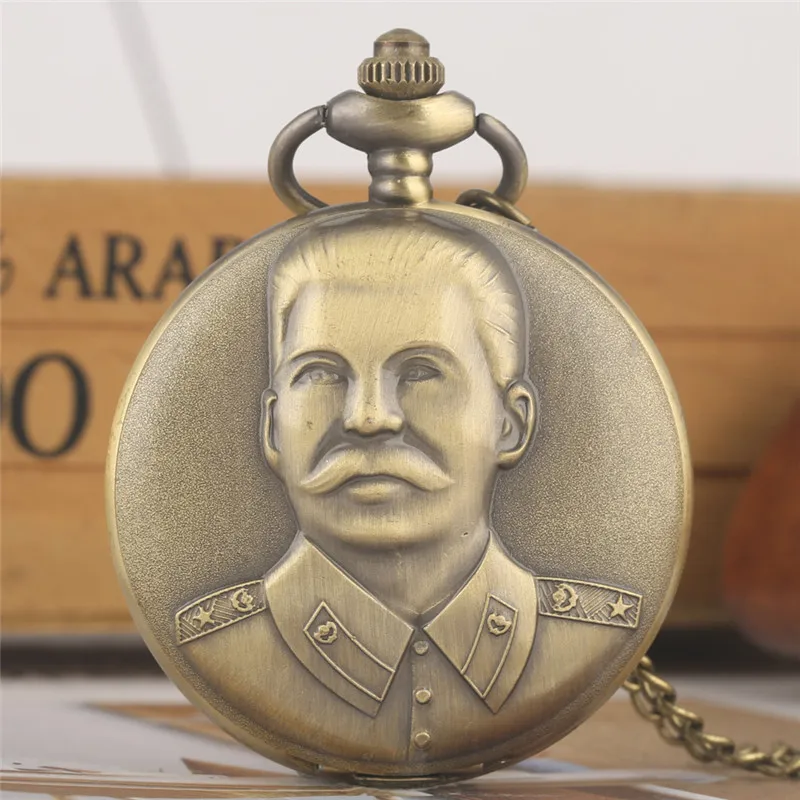 Classic Antique Russia's Leader Stalin Design Full Hunter Cover Men Women Arabic Number Quartz Pocket Watch Sweater Chain Gift