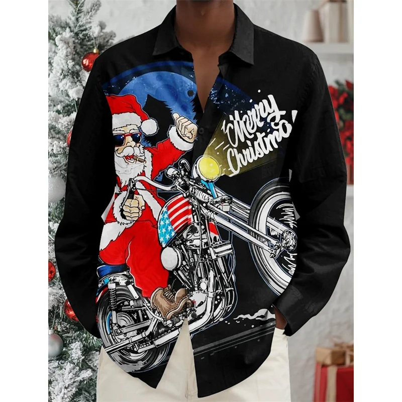

3D Printed Santa Claus Hawaiian Shirts For Men Christmas Tree Pattern Aloha Shirts Casual Loose Long Sleeve Lapel Tops Blouse