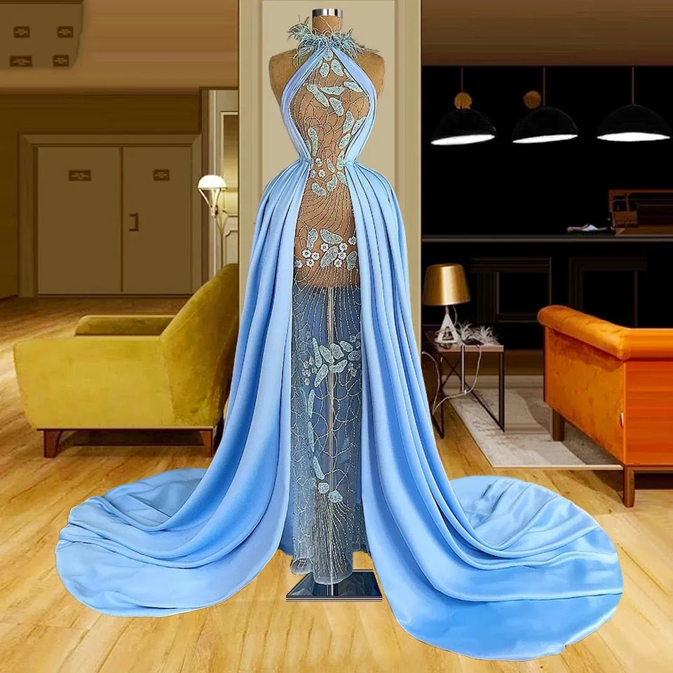 Sexy Arabic Dubai Evening Dress Long 2023 Luxury Mermaid with Overskirt Sky Blue African Women Formal Prom Party Gown