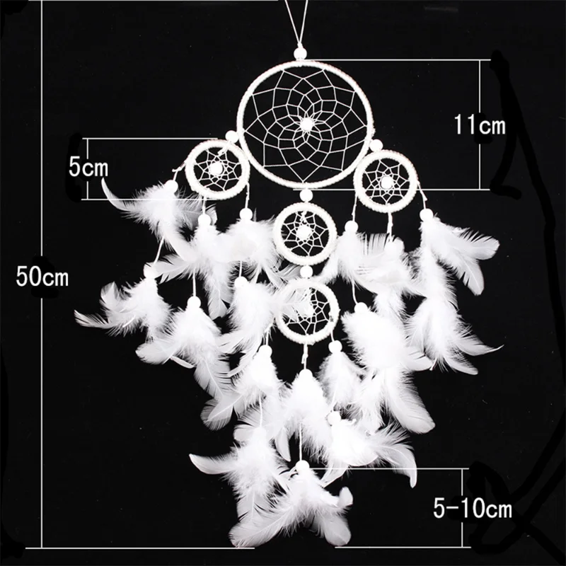 Newly Big Dreamcatcher Wind Chime White Feather Dream Catcher Car Hanging Decoration 5 Circular Home Decor Gift Room Decor