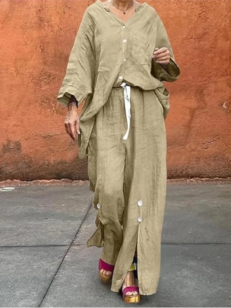 

Summer Casual Loose Cotton Linen Two Piece Sets Women Long Sleeve Shirt And Wide Leg Drawstring Outfit Fashion 2 Piece Suits