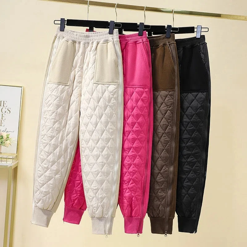 Damskie spodnie zimowe z bawełny Harlan, ocieplane puchem, modne, łączone, ciepłe, sportowe, z wysokim stanem, długie.