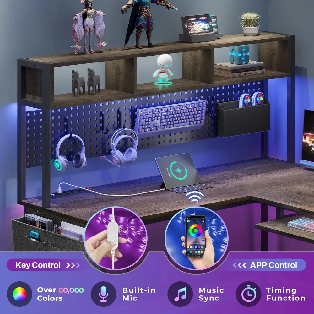 Mesa em forma de L, mesa de escritório de 94,5 polegadas com tomada elétrica e pegboard, mesa em forma de L com luz LED, bandeja para teclado, prateleiras de armazenamento