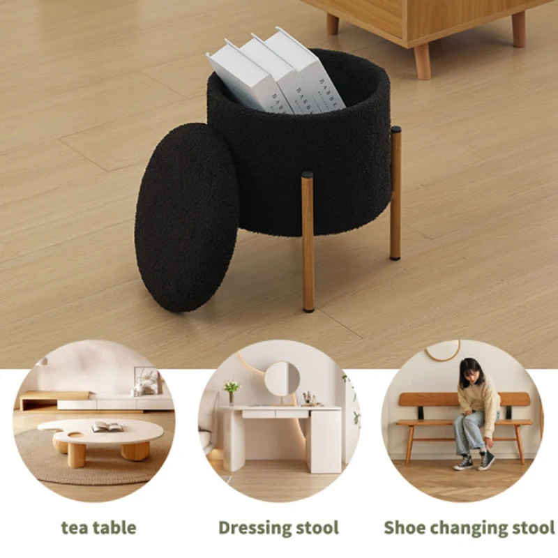 Modern Round Storage Ottoman, Ottoman Foot Stools With Metal Base, Ottoman Footstool with Removable Lid Storage Ottoman(Black)