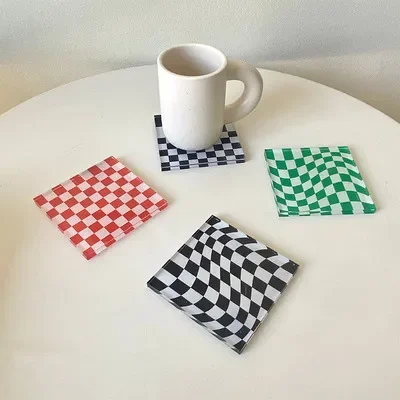 Retro checkerboard coaster ins style office round acrylic coffee cup mat photo props bar decoration