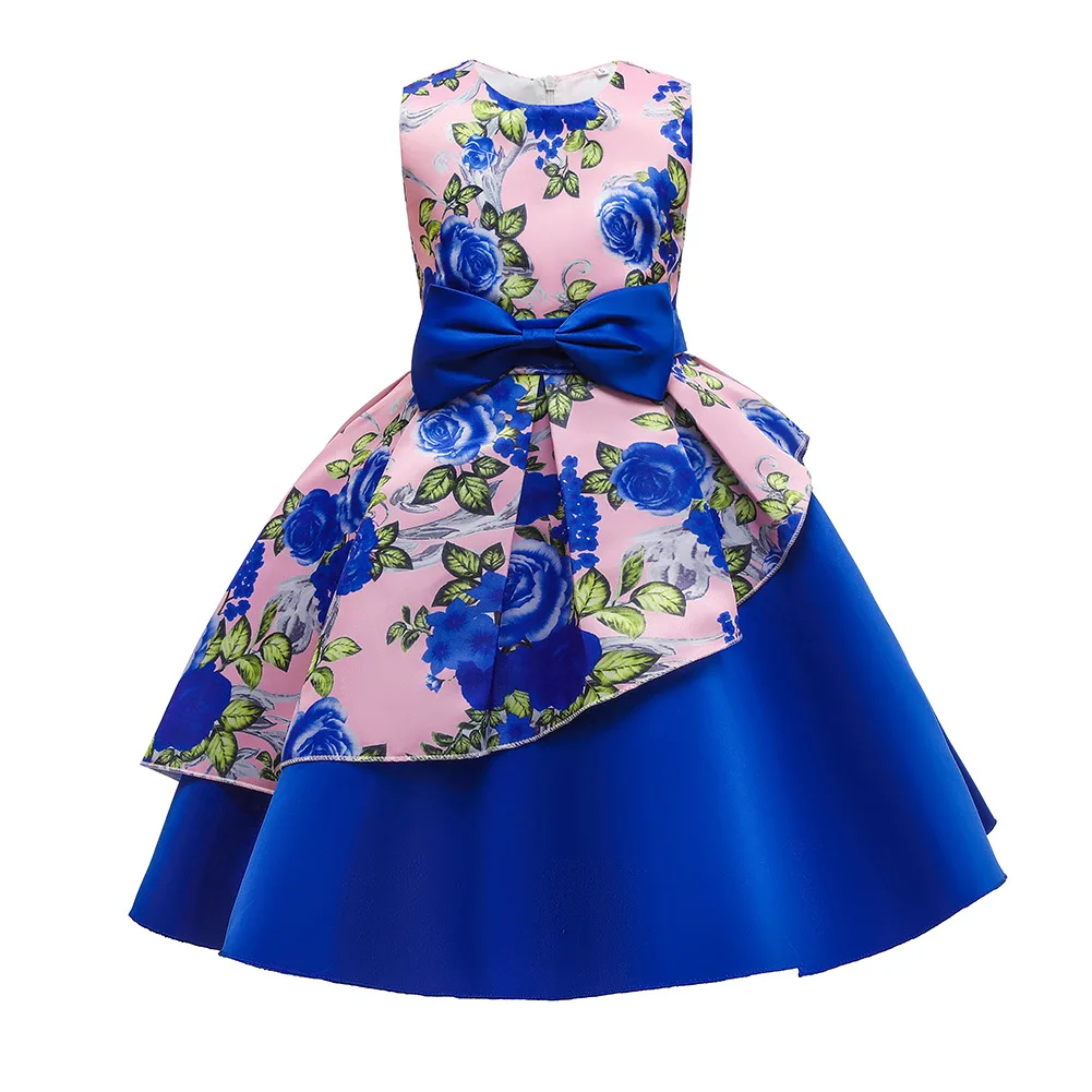 Birthday Party Frocks Satin Children Girl Christmas Clothing Dress Summer Bow Girls Floral Rose Print Dress Princess Wedding