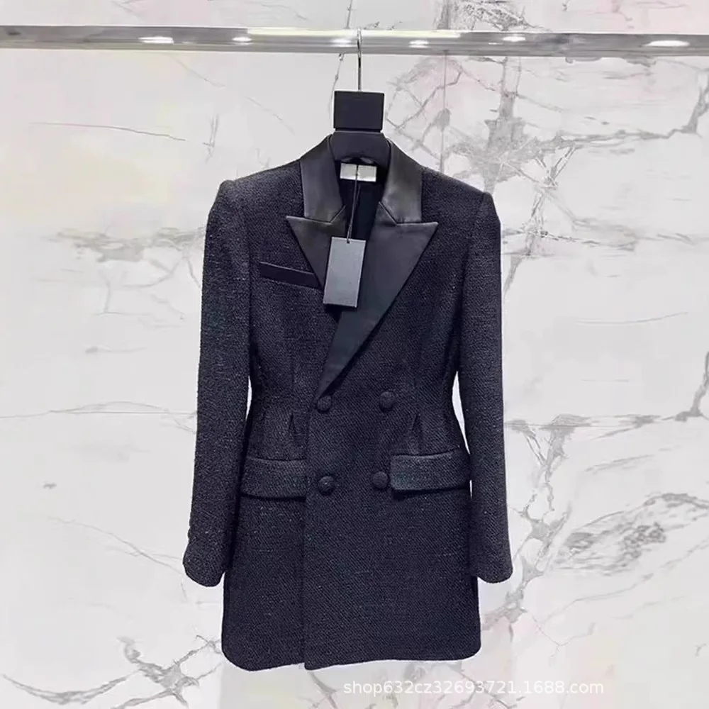 Black Satin Lapel Double Breasted Waist Cinched Glitter Tweed Blazer Mini Dress Women Evening Cocktail Suit Coat
