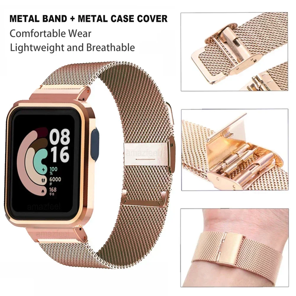 Bracelet de montre en métal pour Xiaomi, Mi Watch Lite, Redmi Watch 2 Lite, 3 Active Metal Band, Protector Case Cover, Bracelet en acier inoxydable