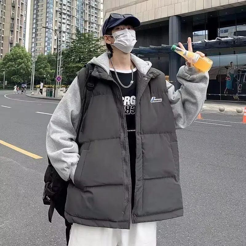 Korean Fashion Fake Two Pieces Hooded Cotton Down Coat Men Winter Thickened Bread Coat Malel Cotton Padded Jacket Men