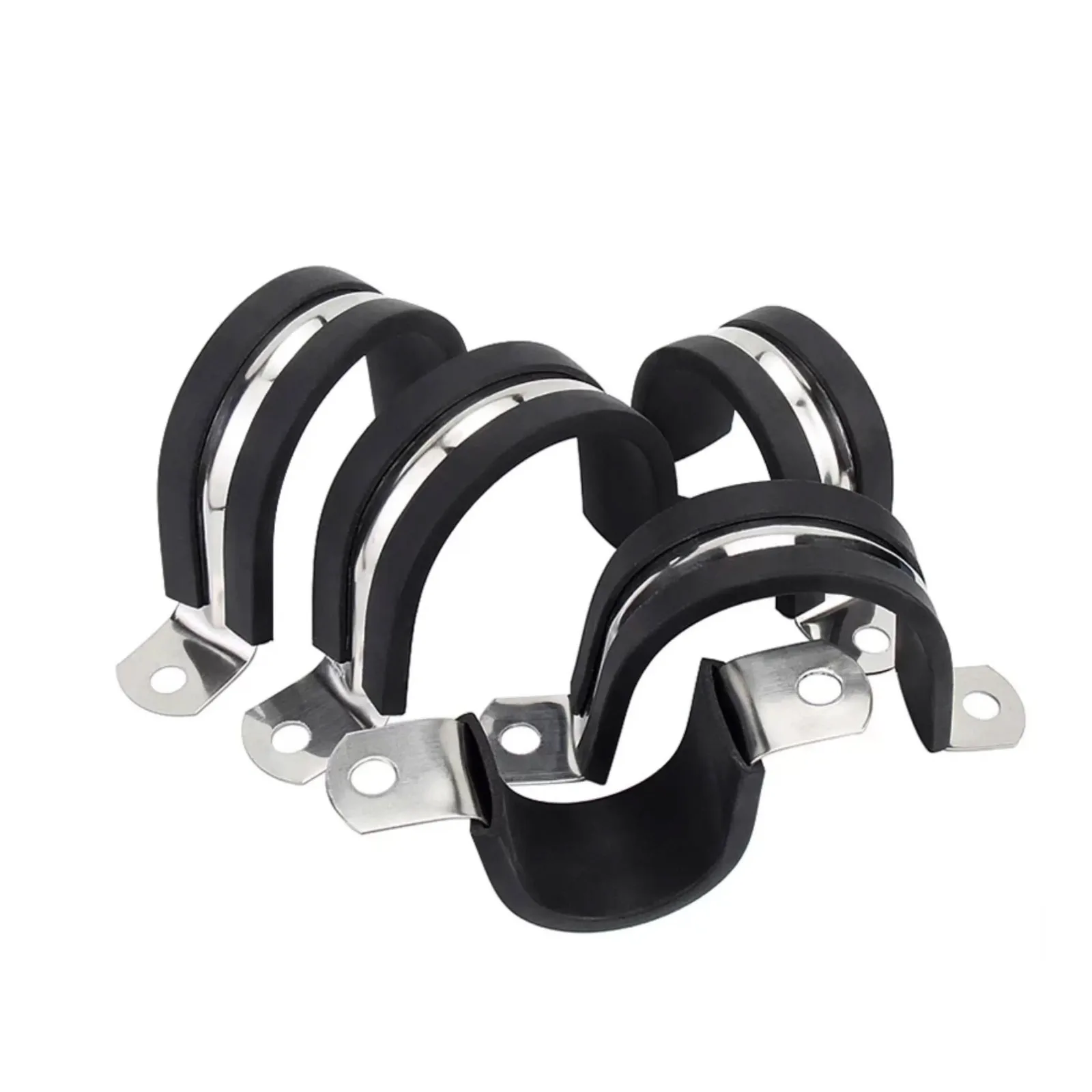 1/10pcs Φ6~200mm 304 Stainless Steel U-Type Rubber Strip Saddle Clamp, Pipe Clip for Steel Tube & Cable, Hose Hoop Fastener