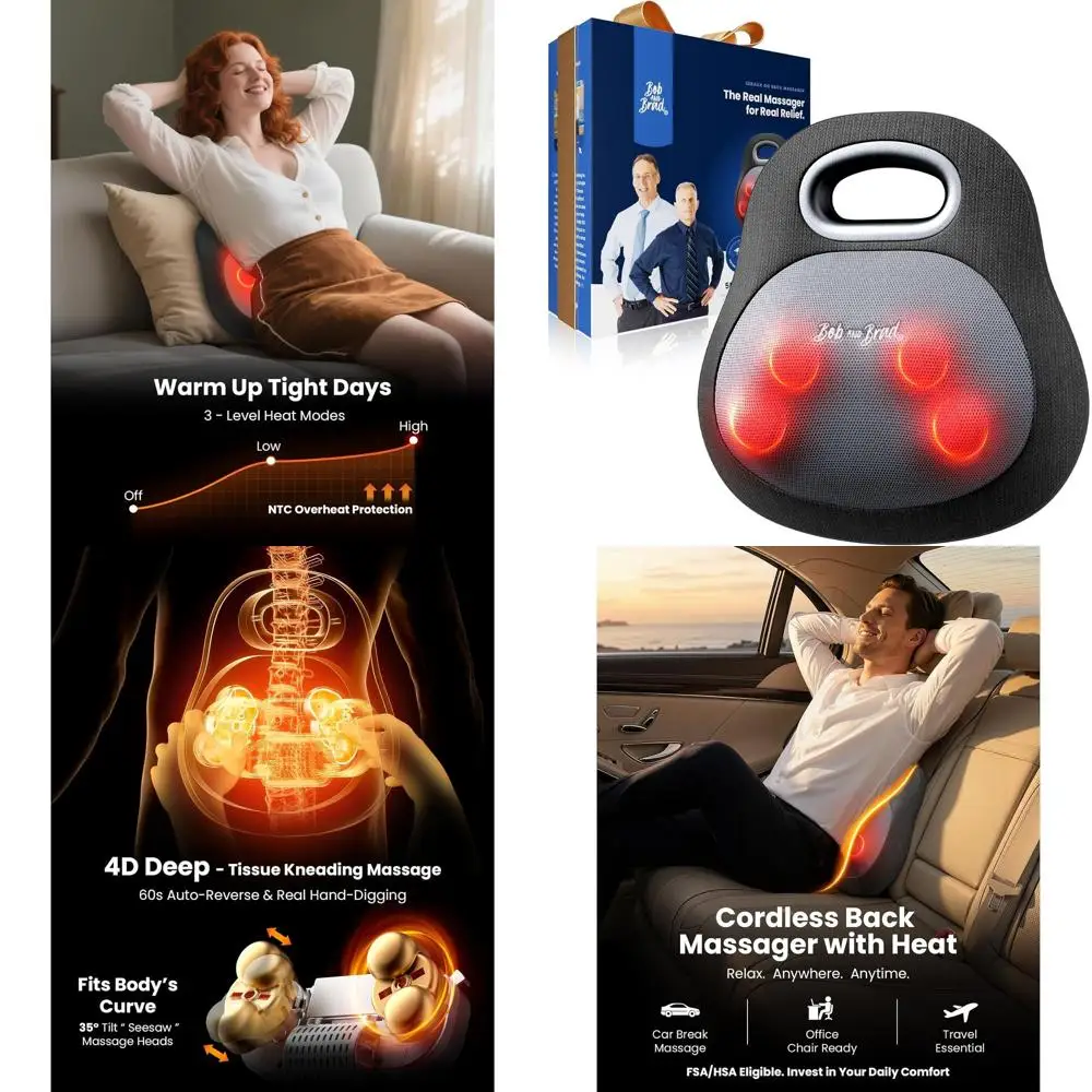 

Беспроводной 4D-массажер шиацу для спины и шеи с подогревом, 6-часовая батарея, портативный для облегчения боли в доме, офисе или автомобиля, FSA-