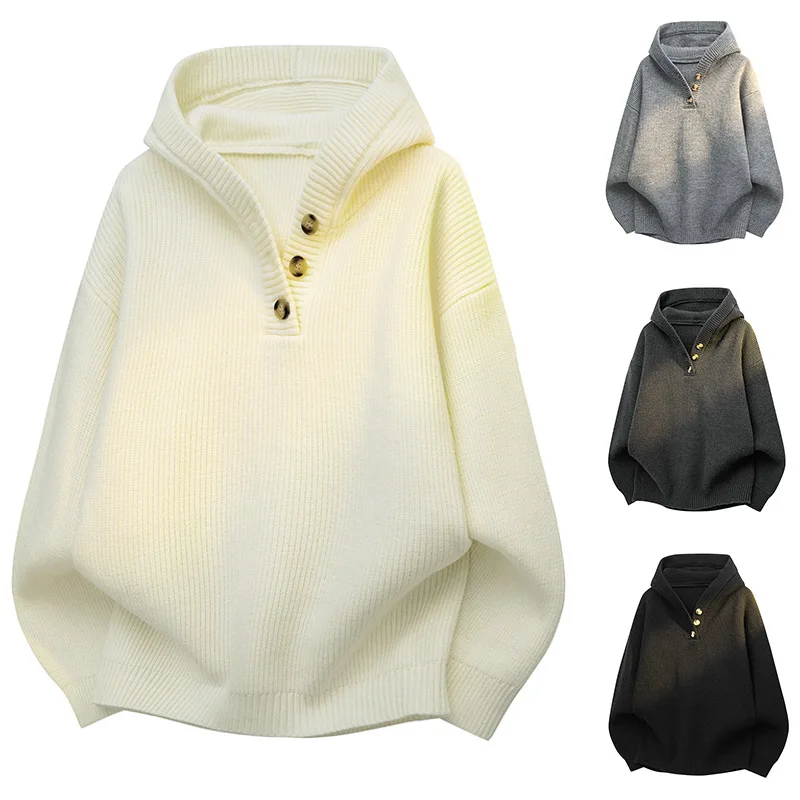 New Boys Fall Winter Loose Hoodie Sweater Student Button Knitwear Men Warm Streetwear Outer Layer Man Soft Commuter Shirt Gent