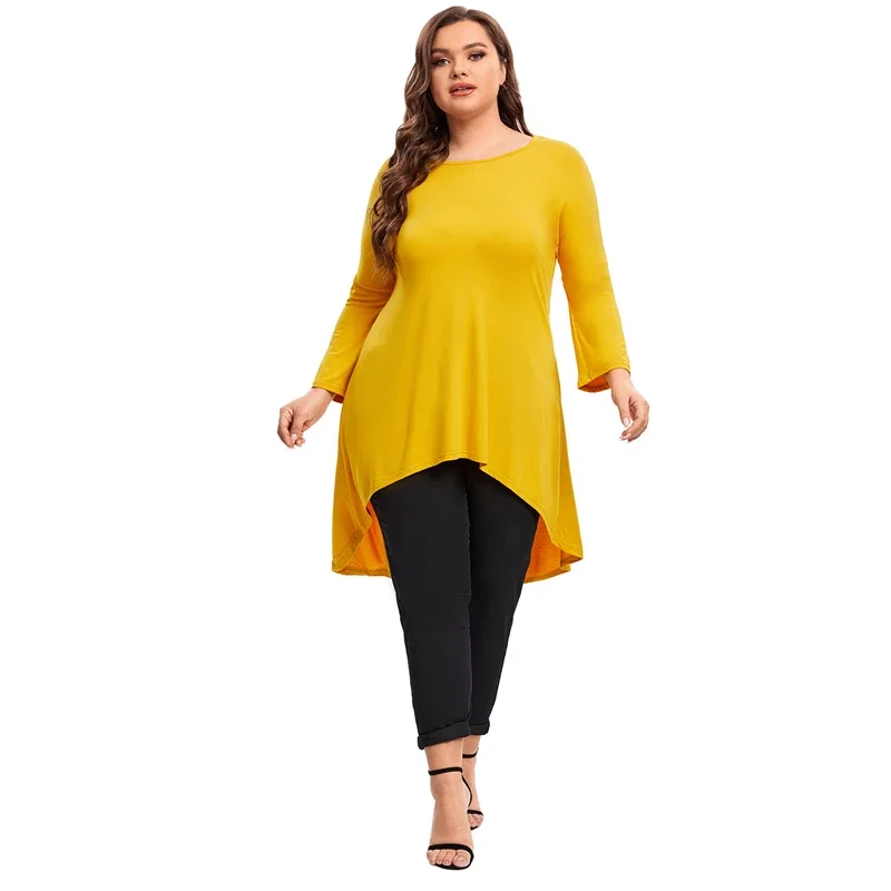 Plus Size Long Sleeve Elegant Spring Autumn Tunic Blouse Women Long Hi Low Fit Flare Swing Tops Large Size Loose T Shirt 7XL 8XL