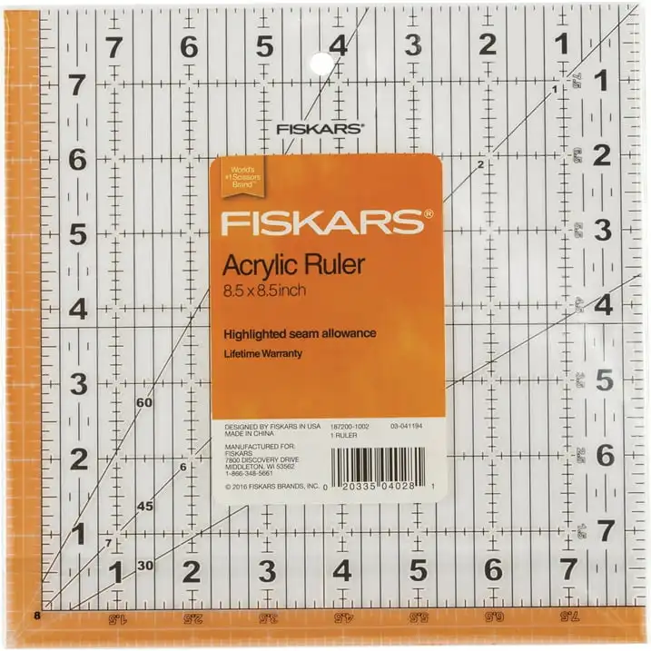 Fiskars 8.5in x 8.5in Square Sewing Ruler, Measuring Tool, Durable 3mm thick clear acrylic, Center 45-degree bias line