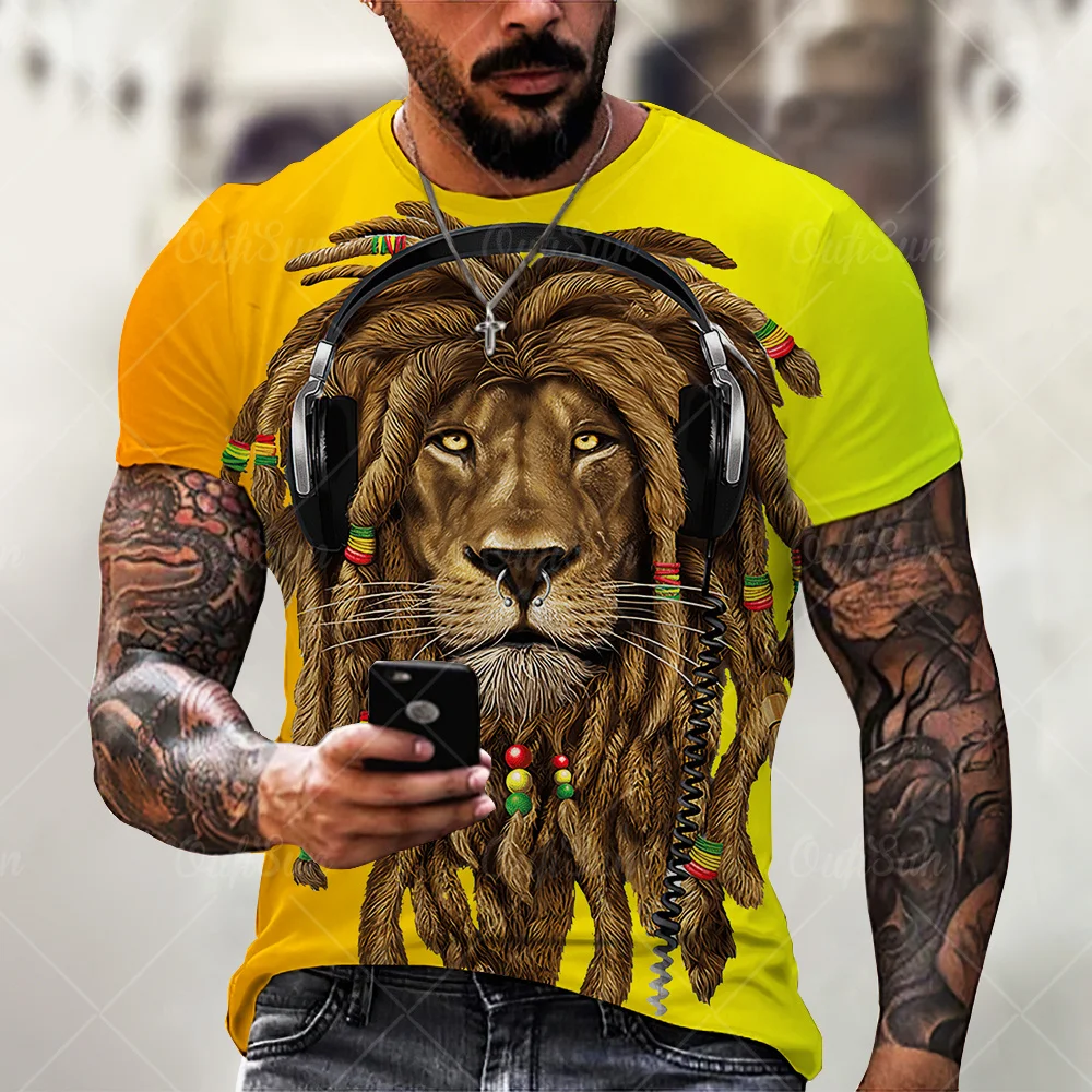 Retro Colorful Lion 3d Print Summer Men\'s Round Neck T-shirt Casual Short Sleeve Oversized T Shirt Fashion Tee Tops Men Clothing