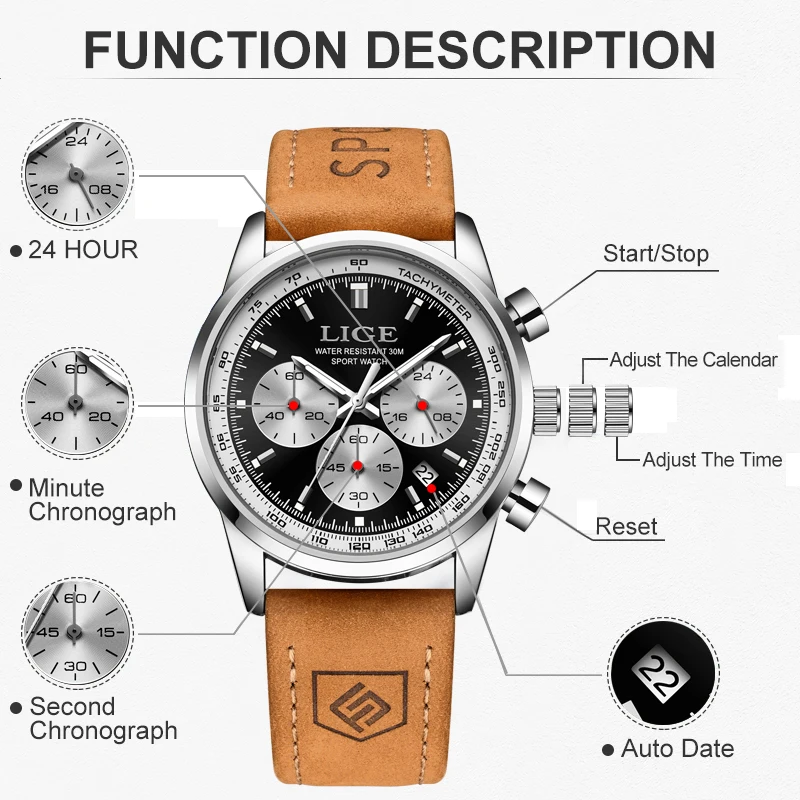LIGE Mens Watches Brand Luxury Leather Strap Waterproof Sport Quartz Chronograph Military Watch Men Clock Relogio Masculino+BOX