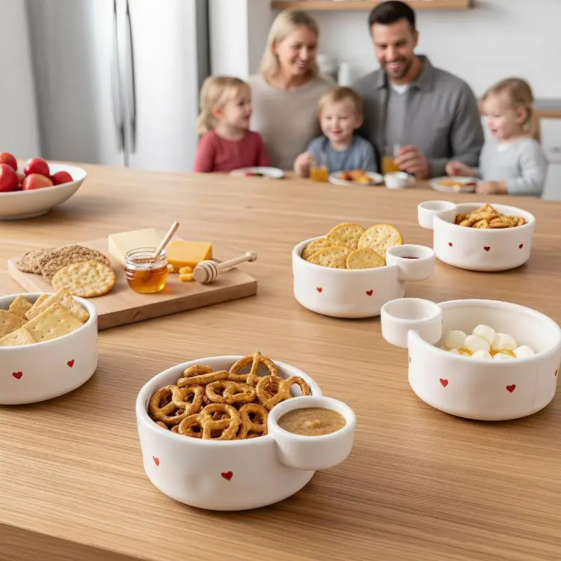 Red Heart Printed Ceramic Bowl with Built-in Sauce Compartment Heat Resistant for Home Kitchen Snack Dip Breakfast Use