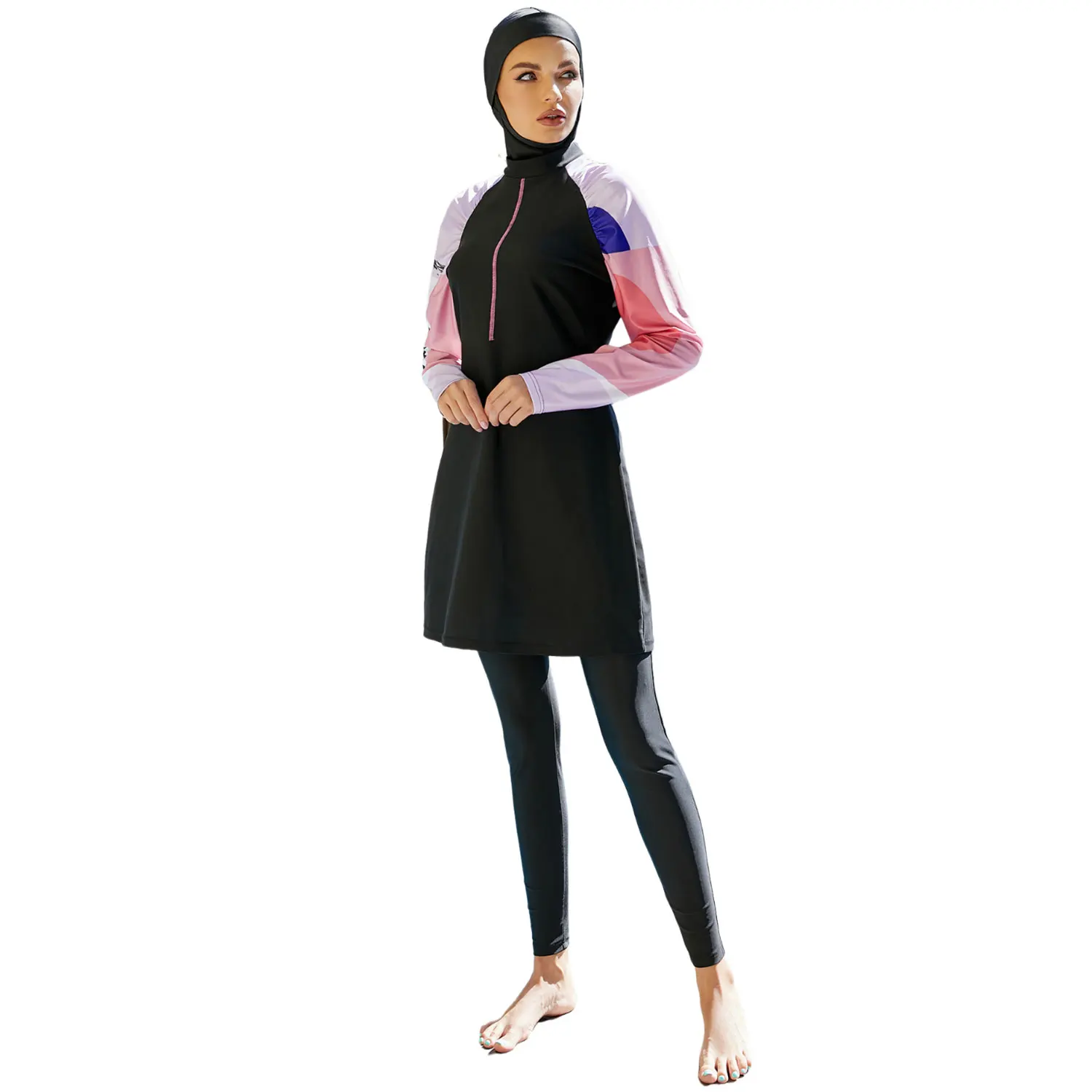 

Full Cover Black Muslim Swimwear for Women Modest Swimsuit Burkini Islamic Beachwear Personality Patchwork Sleeve