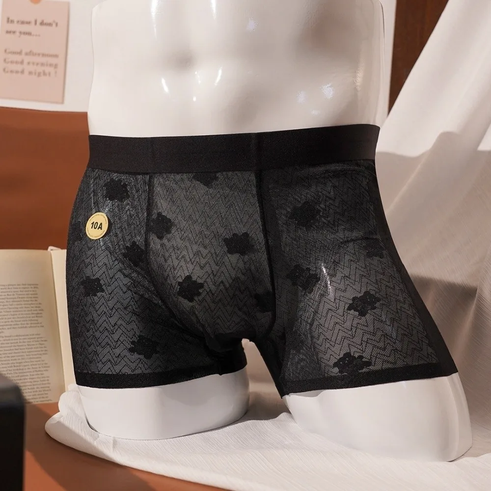 

Мужские тонкие сетчатые боксеры L-4XL больших размеров, прозрачные трусы с кружевом и принтом медведя, антибактериальные, из ледяного шелка, 10А