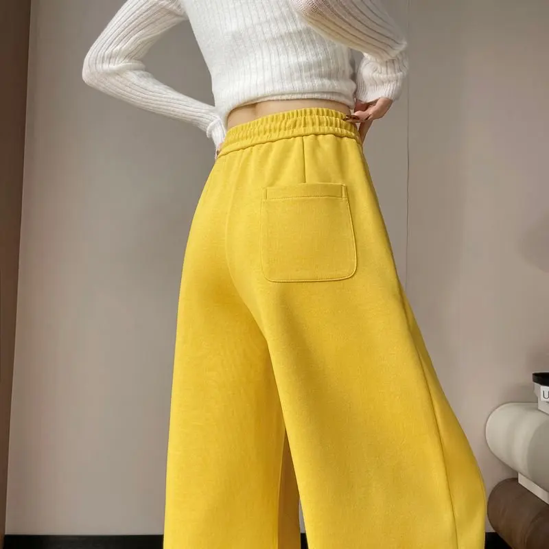 Yellow Thiened Fce Lined Sports Sweatpants Women's Winter Wide Leg Pants Loose Floor Length Banana Ape Casual Trousers