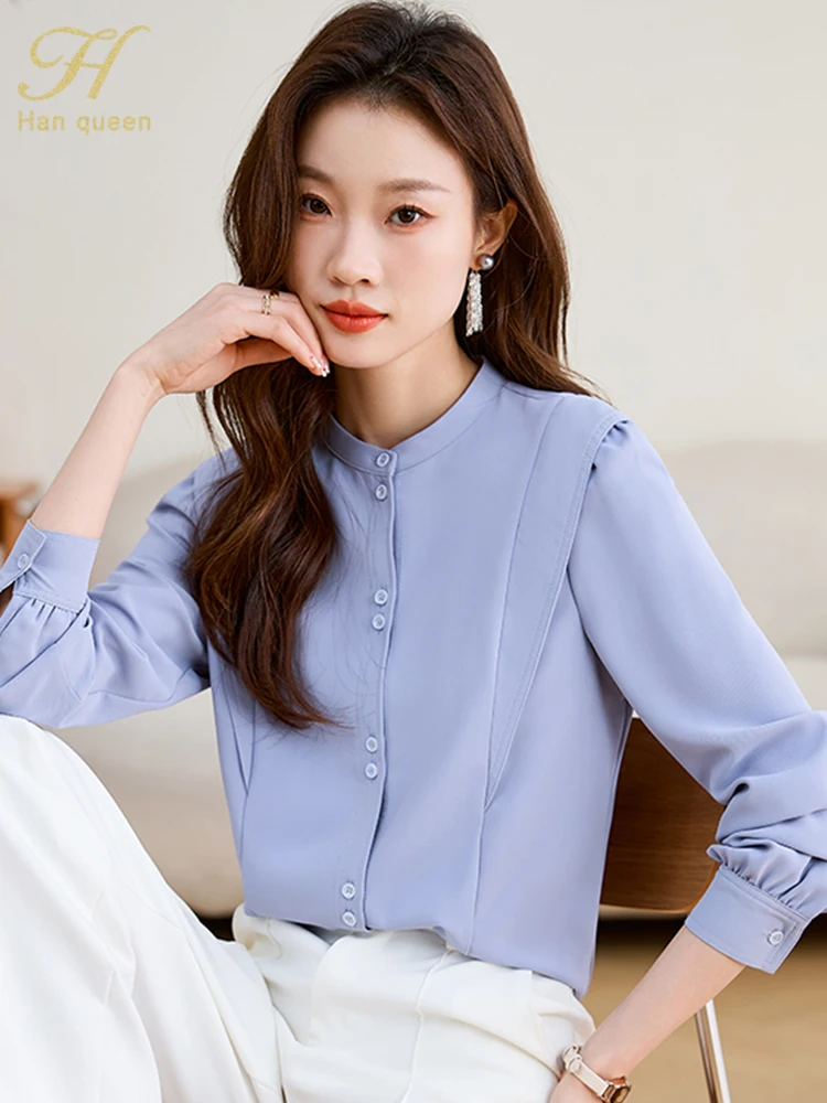 H Han Queen 2024 Spring Autumn Simple Elegant Blouses Korean Women\'s Clothes Loose Casual Vintage Shirt Office Long Sleeve Top