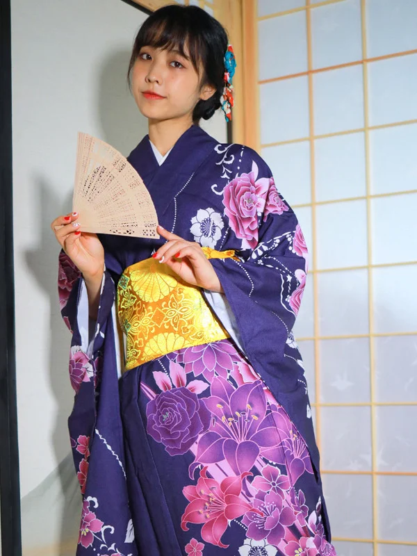 Abito Kimono giapponese tradizionale floreale per donna indumenti da notte morbidi e confortevoli con scollo a v abito viola donna orientale Yukata