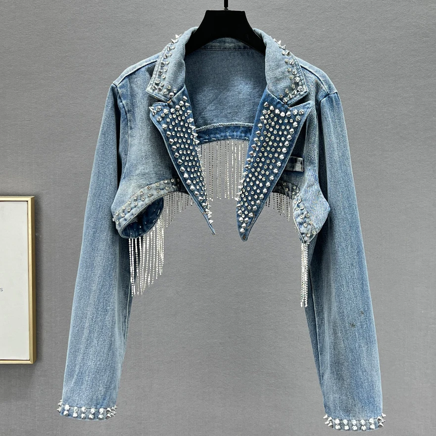 

Rhinestone Beaded Tassels Rivets Denim Jacket Short Crystal Fringed Backless Jeans Coat Diamonds Cowboy Cardigan Sequins Tops