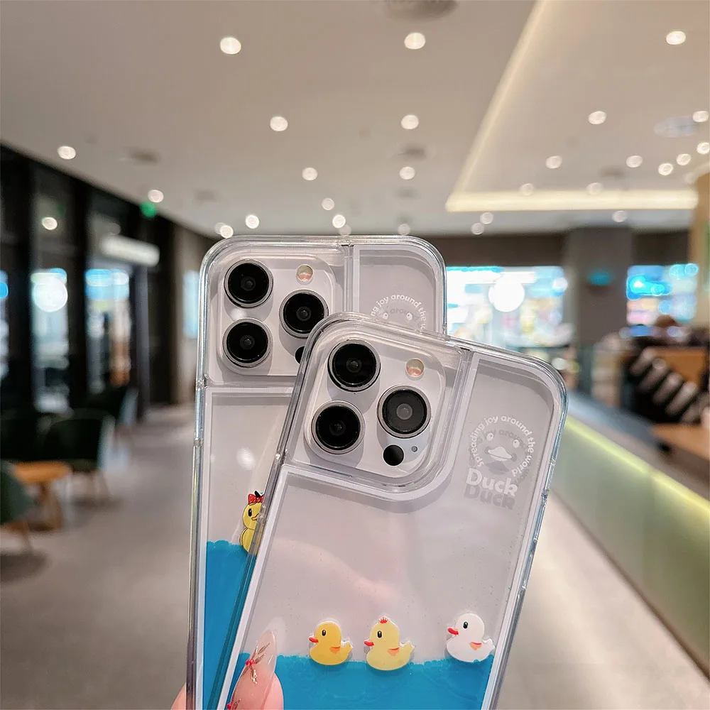 Cute Cartoon Animal Liquid Quicksand Dynamic Clear Phone Case For iPhone 15 Pro Max 14 13 12 11 Shockproof Bumper Hard PC Cover