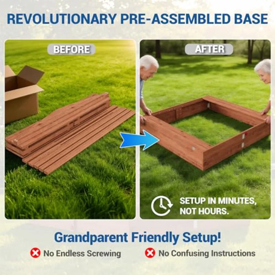 Outdoor kids wooden sandbox with pre-assembled base, UV-protected canopy, foldable bench seats, natural wood color, durable sol