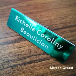 Mirror Green Metal Name Tag with Engraved Silvery LOGO Icon for Pet Hospital Employees 7x2cm Customized Name Badge ID Plate with