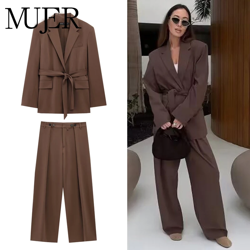 

MUJER Straight Blazer Set 2 Piece Woman Wide Leg Pants Women's Trousers Suit Tailoring Women Blazer Set Two Piece Outfits Woman