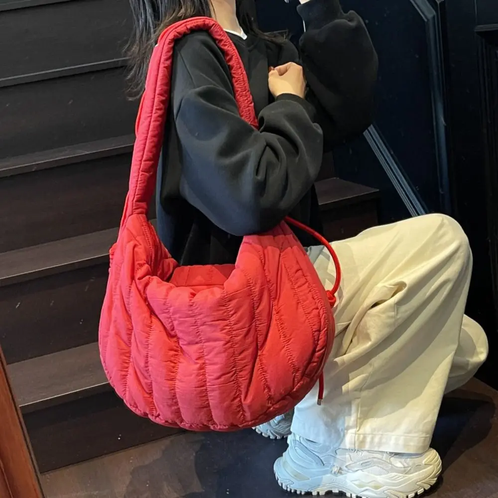 Solid Color Padding Shoulder Bag Pleated Detail Trendy Style Quilted Crossbody Bag Unique Casual Lightweight