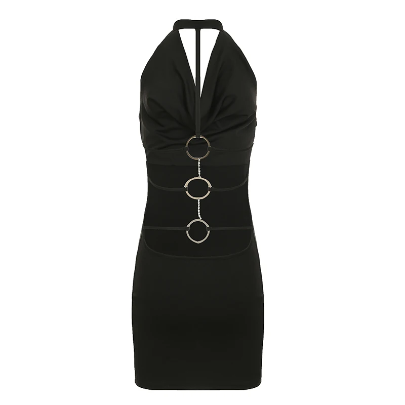 

Women Mini Dress Solid Color Cowl Neck Halter Neck Sleeveless Dress Summer Metal Ring Backless Bodycon Dress