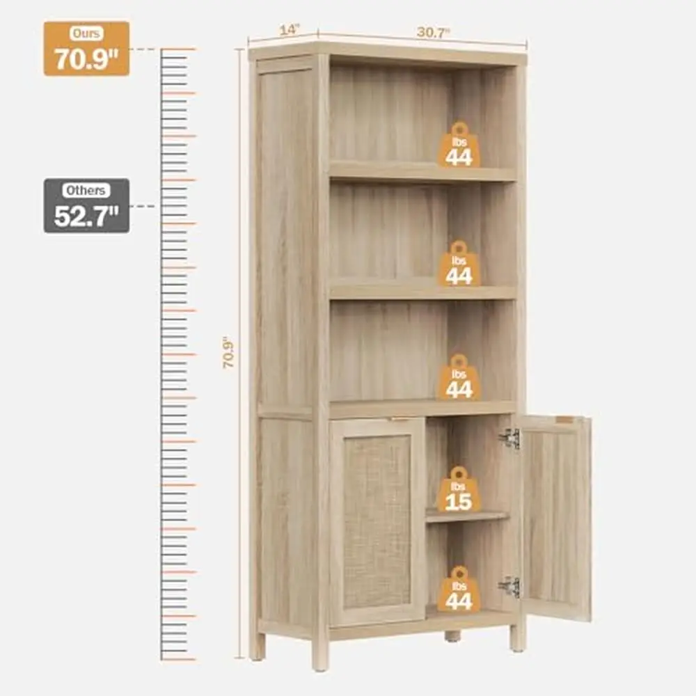 5 Tier Rattan Boho Bookshelf with Farmhouse Design Doors Storage Shelf