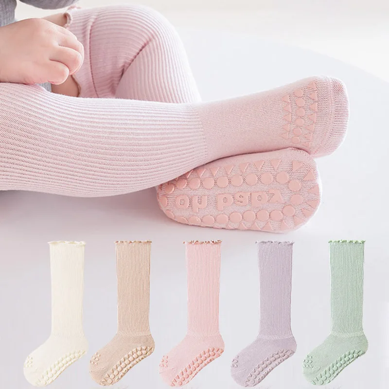 Spring Autumn Baby Stockings Solid Color Kids Over Knee Socks 0-3Year Boy Girl Kids Anti-Slip Floor Sock Newborn Cotton Footwear