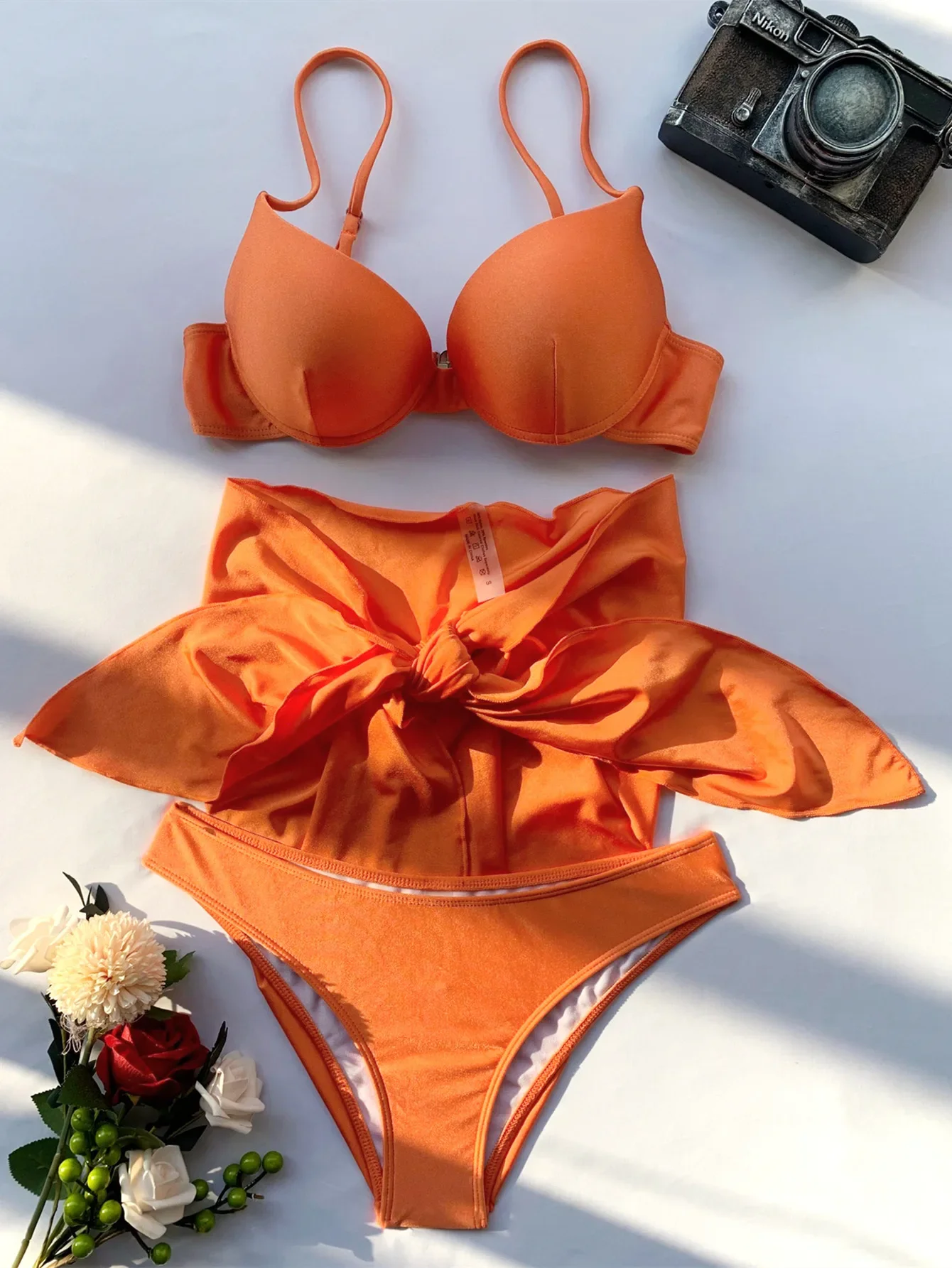 Bikini da donna con ferretto push up solido set tre pezzi con gonna di copertura costume da bagno costume da bagno abiti da spiaggia biquini tankini