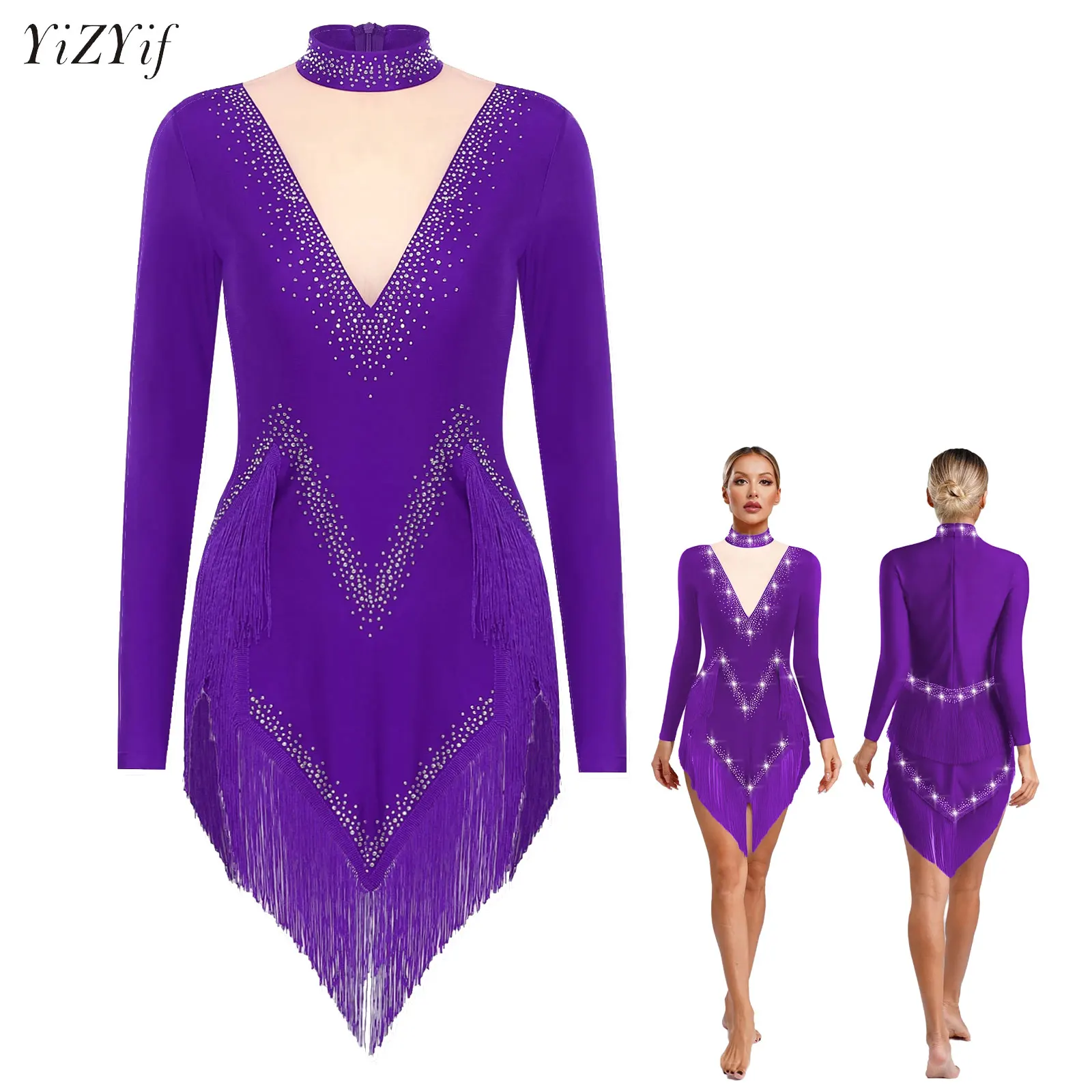 

Womens Long Sleeve Tassel Latin Dance Dresses Lyrical Stage Performance Costume Irregular Hem Shiny Rhinestones Leotard Dress