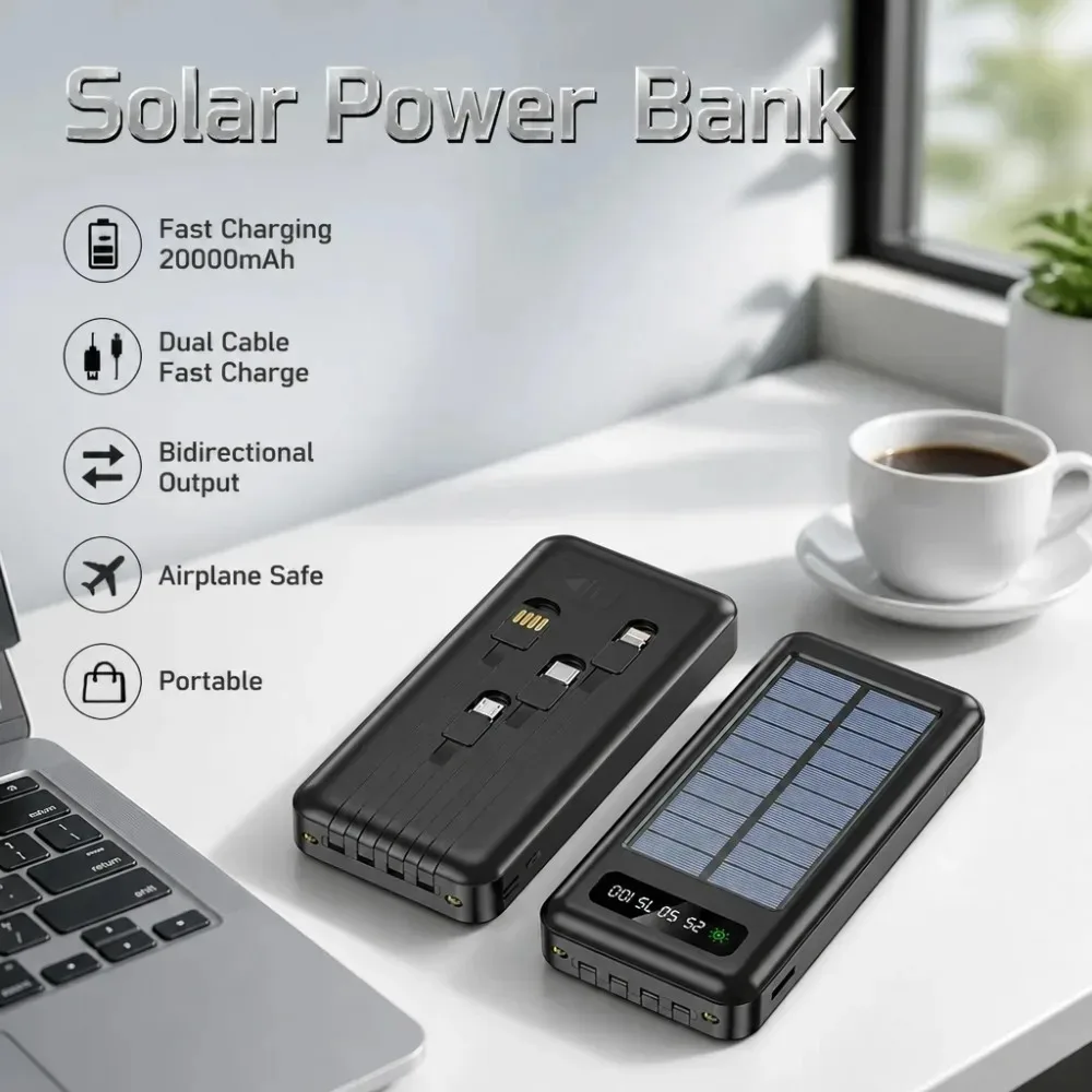 

Solar Power Bank 20000mAh,Ultra Slim Portable Charger with Built-in 4 Cables for IPhone Samsung power bank power bank solar