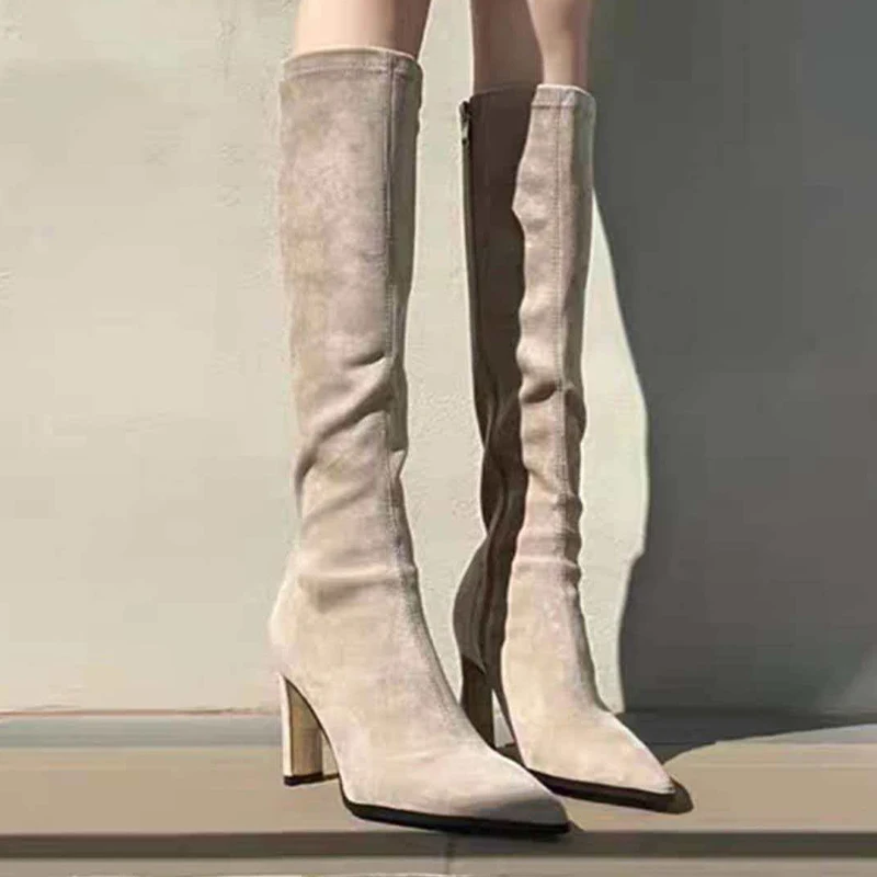 

High Boots for Women High Heels Pointed Toe Suede Shoes Boots 2025 Designer Luxury Winter Pumps Knee High Chelsea Botas Mujer