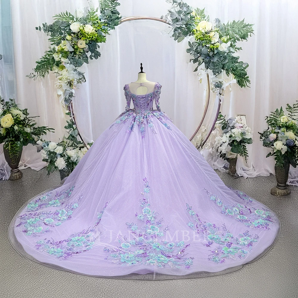 Chic Quinceanera Dress Illusion Long Sleeves Rhinestones Scoop Vestido De 15 Quinceaneras Morado Customized Court Train DY6762-1